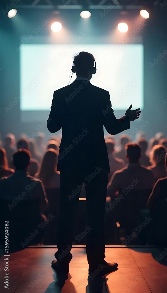 Poster generative ai speaker addressing a conference audience with dynamic presentation, illuminating