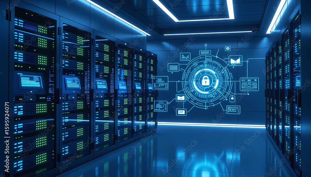 Poster digital archiving room with futuristic hologram files and encryption