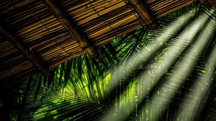 A thatched roof reveals sunlight illuminating green tropical foliage beneath it