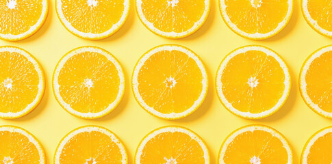 Perfectly sliced juicy orange fruit arranged in seamless pattern on vibrant yellow background