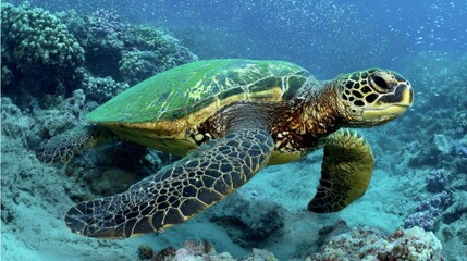 Obraz premium Green sea turtle swimming peacefully in clear ocean waters near a coral reef. 