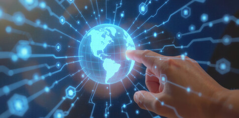 Hand hologram digital globe technology network futuristic innovation glowing blue
