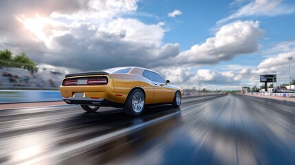 Brightly Colored Sport Car Racing Down a Drag Strip Under Dramatic Sky