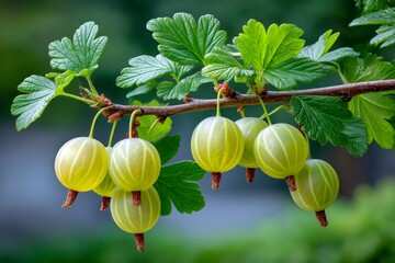 Close-up of gooseberries growing on branch with green leaves