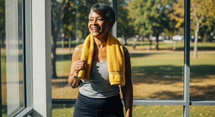 Smiling senior woman resting after workout, towel draped around neck, enjoying sunny day outdoors.