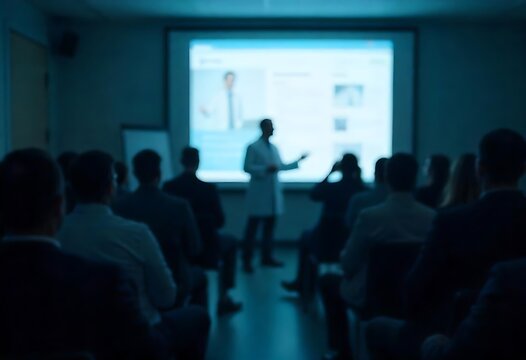 Generative AI Doctor presenting medical research to audience in conference room lecture with