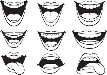 Vector art of collection of nine cartoon mouths laughing and smiling