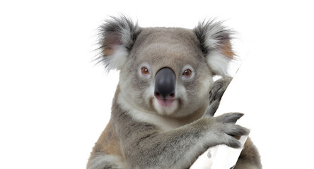 Naklejka premium Closeup portrait of a koala bear clinging to a branch isolated on white background