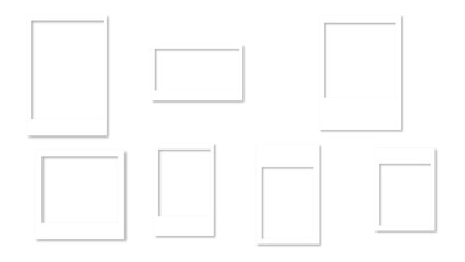 Empty white photo frame set with shadow. Retro vintage photograph with transparent adhesive tape. Digital snapshot image. Template or mockup for design. Vector illustration