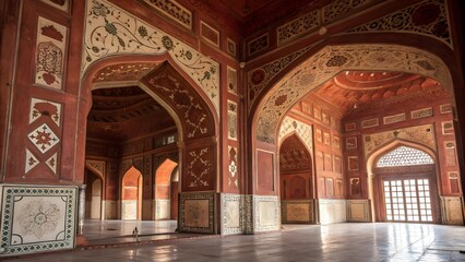 Obraz premium Intricately Decorated Mughal Architecture Interior with Floral Inlay and Archways in India