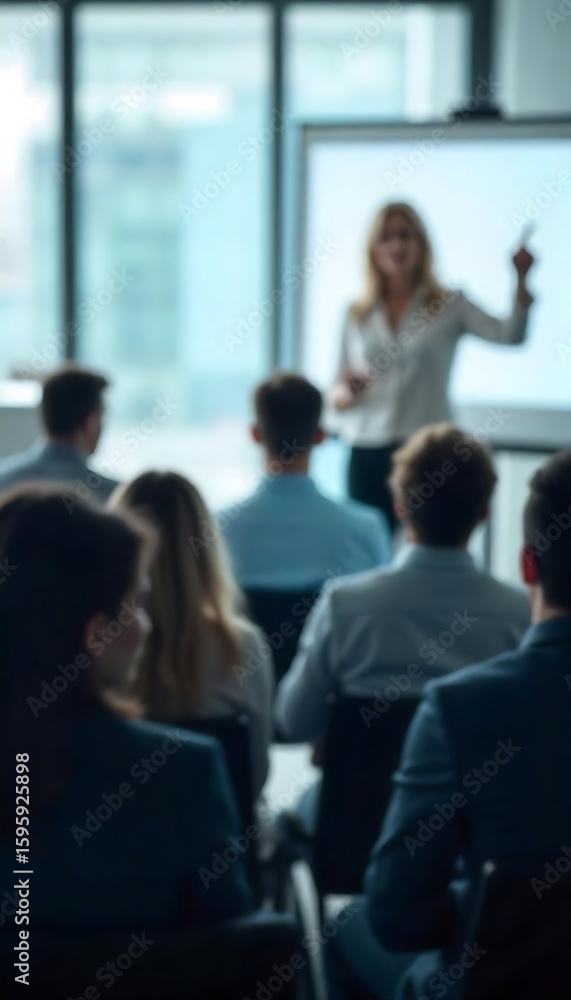 Poster generative ai visualizing professional training session with a female presenter and engaged