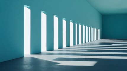 Empty teal interior with many vertical openings.