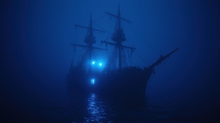 Obraz premium Mysterious ship sailing in an ocean during a dark blue night