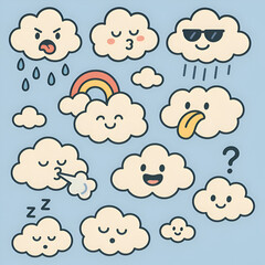 A whimsical collection of cartoon clouds depicting diverse emotions and weather phenomena, including rain, rainbows, and sleepy expressions.