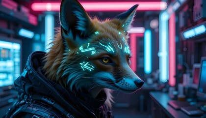 "Futuristic fox portrait with glowing biometric markings, cybernetic fur, and neon-lit background in a sci-fi lab"
