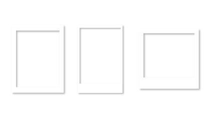 Empty white photo frame set with shadow. Retro vintage photograph with transparent adhesive tape. Digital snapshot image. Template or mockup for design. Vector illustration