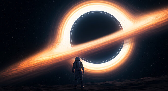Astronaut silhouetted against a massive, luminous accretion disk surrounding a black hole. - Powered by Adobe