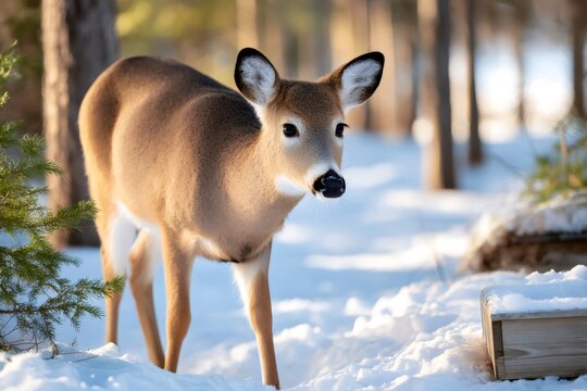 White-tailed deer walking in the snow in a winter forest