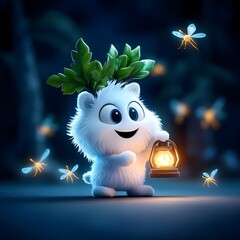 a cartoon character resembling a yeti with white fur and antlers adorned with green leaves. The character is holding a lantern with glowing lights inside, and there are glowing insects and a dark fore