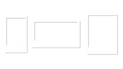 Empty white photo frame set with shadow. Retro vintage photograph with transparent adhesive tape. Digital snapshot image. Template or mockup for design. Vector illustration