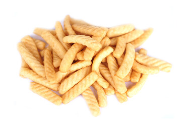 Crispy shrimp stick crackers , isolated on white background.Popular Asian snack known for its crunch and savory seafood flavor. Perfect for parties, kids, or casual snacking.                  