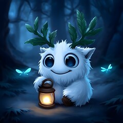 a cartoon character resembling a yeti with white fur and antlers adorned with green leaves. The character is holding a lantern with glowing lights inside, and there are glowing insects and a dark fore