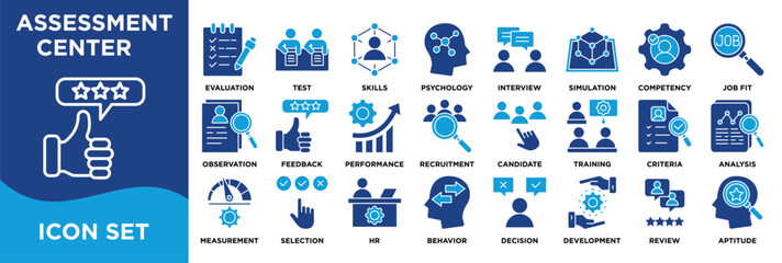 ASSESSMENT CENTER icon collection set. Containing evaluation,test,skills,psychology,interview,simulation,competency,jobfit,observation,feedback icon. dual tone vector.	
