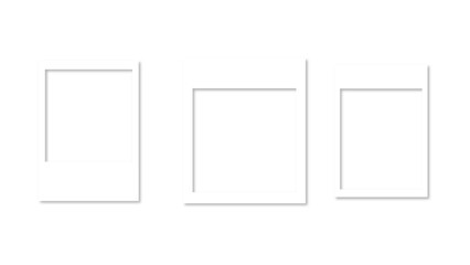 Empty white photo frame set with shadow. Retro vintage photograph with transparent adhesive tape. Digital snapshot image. Template or mockup for design. Vector illustration