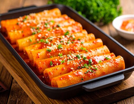 Tteokbokki (spicy rice cakes) in a long rectangular pan, with gochujang sauce glistening under natural light.