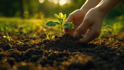 Fototapeta premium Caring Hands Planting a Young Green Seedling in Soil planting hands soil seedling green caring young