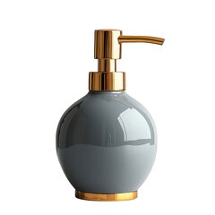 Obraz premium Elegant grey ceramic soap dispenser with a polished gold pump and base isolated on transparent background