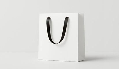 Glossy black-handled white paper shopping bag stands upright on a clean white background. Modern and minimal design ideal for premium branding and product visuals.