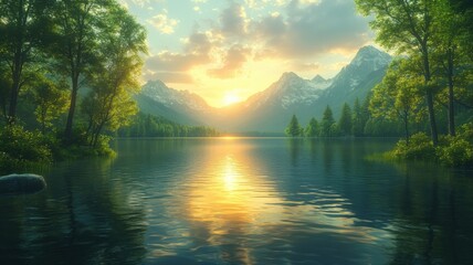 Golden Hour Reflection on Serene Mountain Lake mountain reflection serene nature landscape sunset ai