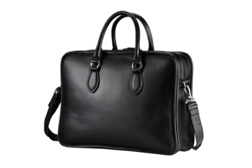 Elegant black leather briefcase isolated on black background.