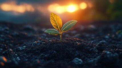 Hope and Growth: Young Plant Illuminated by Sunset Light plant sunset light hope seedling sprout art