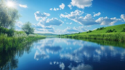 Fototapeta premium Summer Landscape with Green Hills, Calm River, and Sunny Sky landscape sky sunny green summer calm