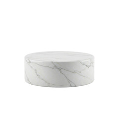 Perfectly circular, highly polished white marble trophy base with distinct veining and luxurious texture, isolated on a transparent studio background, diffused shadowless lighting, concept of