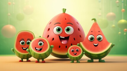 Watermelon Cartoon Icon Set Vector Design. Creative vector design of watermelon-themed emoji icons, showcasing joyful, surprised, and sleepy expressions on juicy, pink-red backgrounds