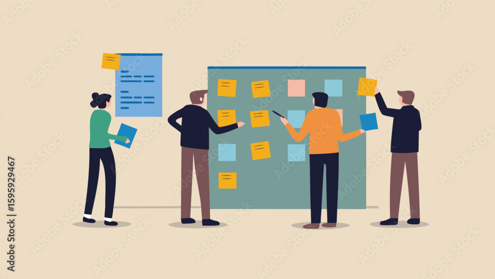 Poster people collaborating on a project with sticky notes on a board in a meeting room setting today now