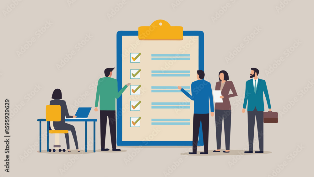 Poster people standing around a large clipboard with checkmarks and a person at a desk working on laptop