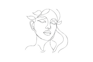 Elegant Woman Portrait Continuous Line Art with Leaves in Hair and Closed Eyes, Art & Illustration 