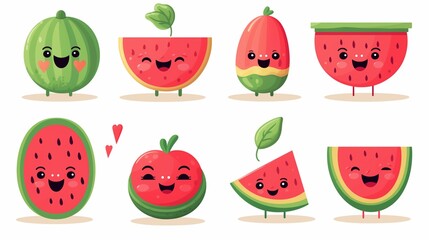 Watermelon Cartoon. Adorable watermelon family with different moods, featuring juicy textures and playful cartoon styling