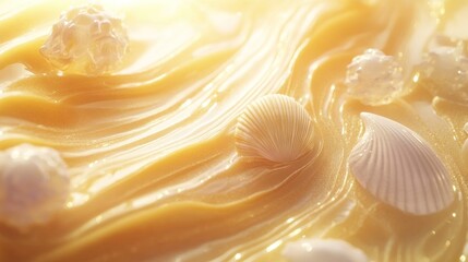 Golden, glistening cosmetic cream with seashells.