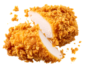 Close-up shot of a sliced, golden-brown, crispy fried chicken breast isolated on transparent background. Crispy fried chicken clipart.