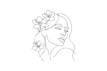 Elegant Woman Portrait with Flowers in Hair, Minimalist Line Art Style, Feminine Beauty Illustration