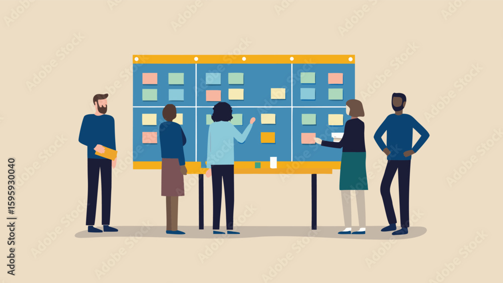 Poster a group of people collaborating around a large board covered in colorful sticky notes in an office s