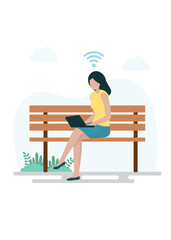 Fototapeta premium Woman sitting in a park with a laptop. Stock illustration.
