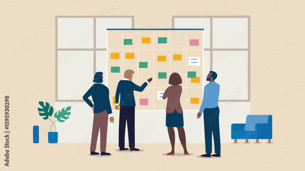 Poster team collaborating on a project board with sticky notes in a modern office setting indoors
