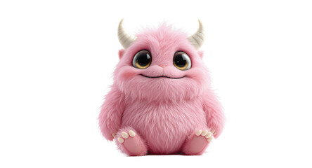 Obraz premium Cute Pink Fluffy Monster with Horns Sitting on White Background