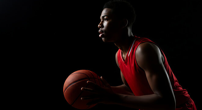 Determined young African American basketball player with ball